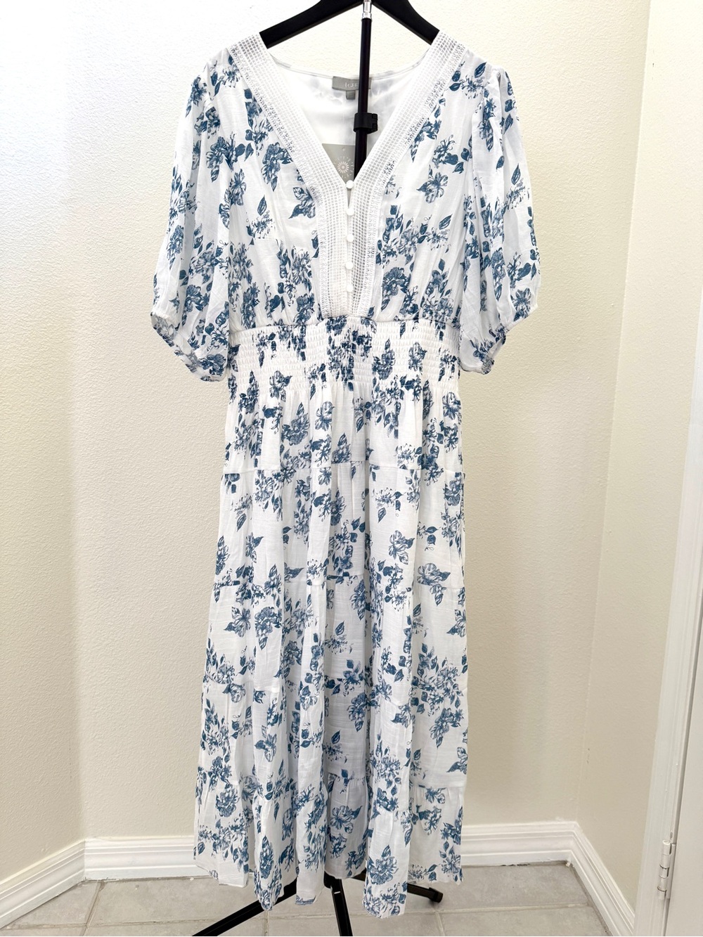 Smocked V-Neck White Maxi Dress with Blue Floral Print